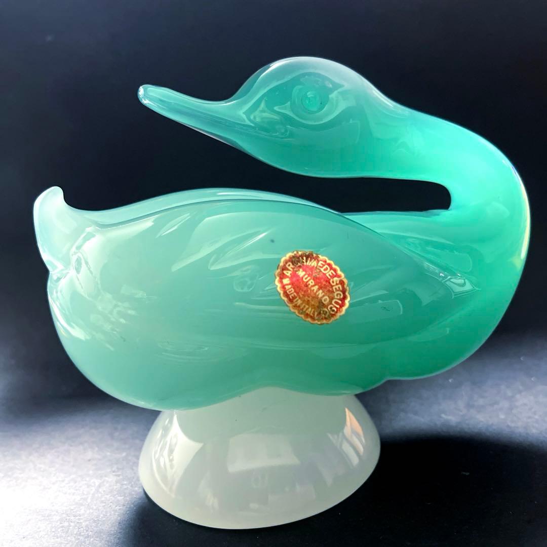 ムラーノ スワン　アルキメデセグソ グリーン アラバストロンガラスの白鳥彫刻