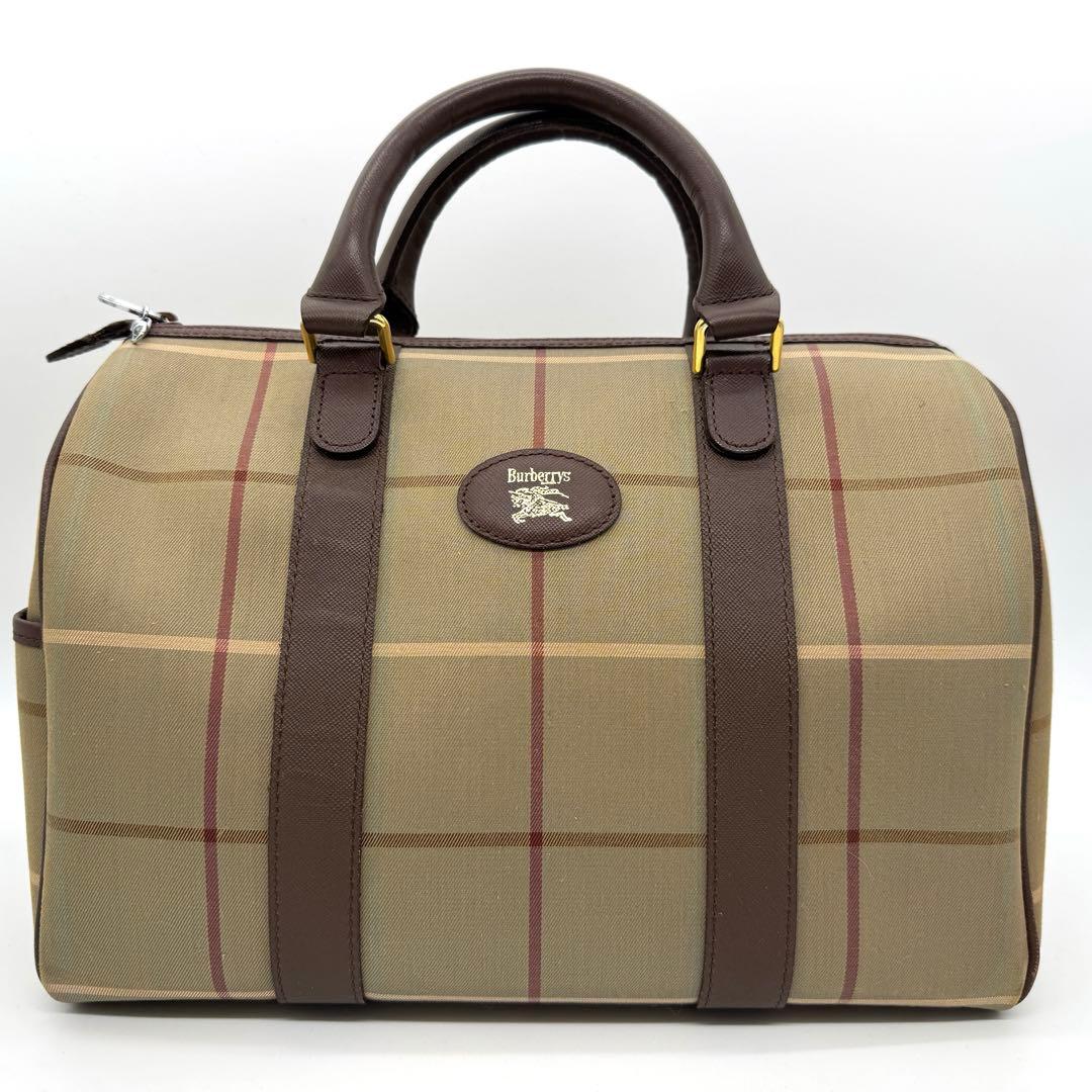 バーバリー ミニボストンバッグ ハンドバッグ トート レザー ファブリック 茶