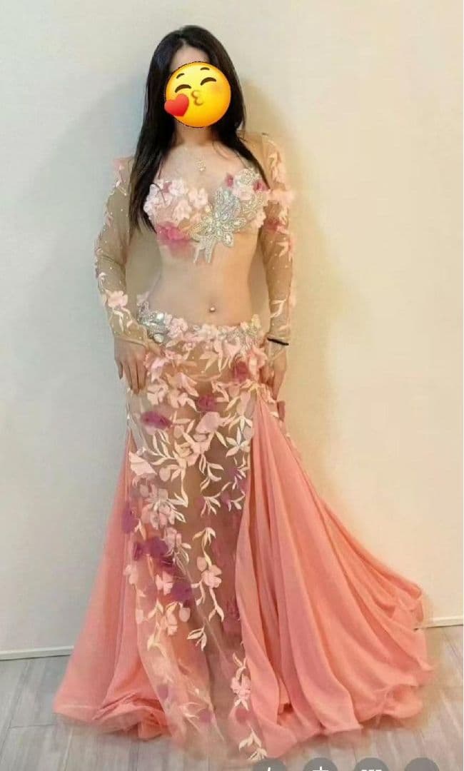 美品 ベリーダンス衣装 ブラスカートセット オレンジ系 花 撮影用