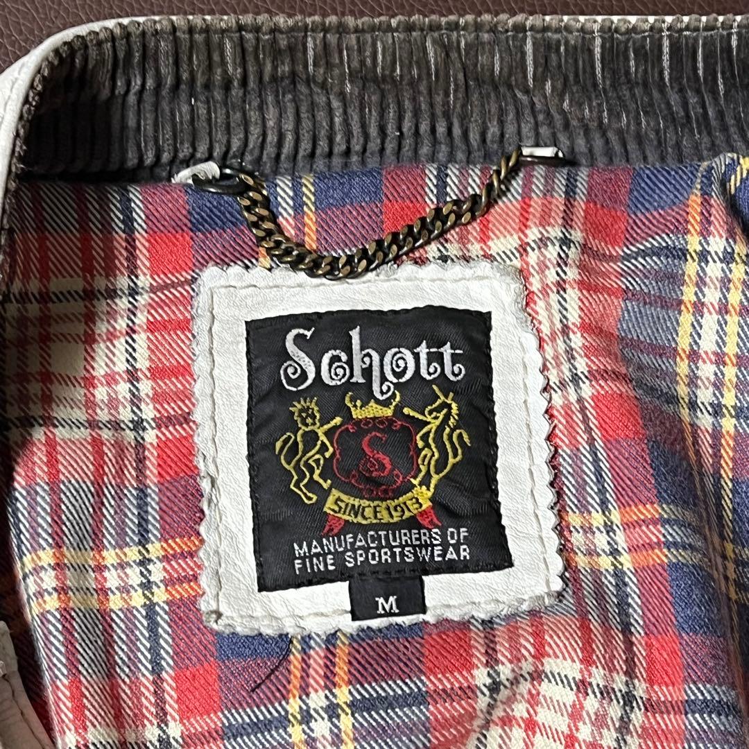 Schottクラッシックレーサー　シングルライダース　白地に袖青赤2本線　牛革M