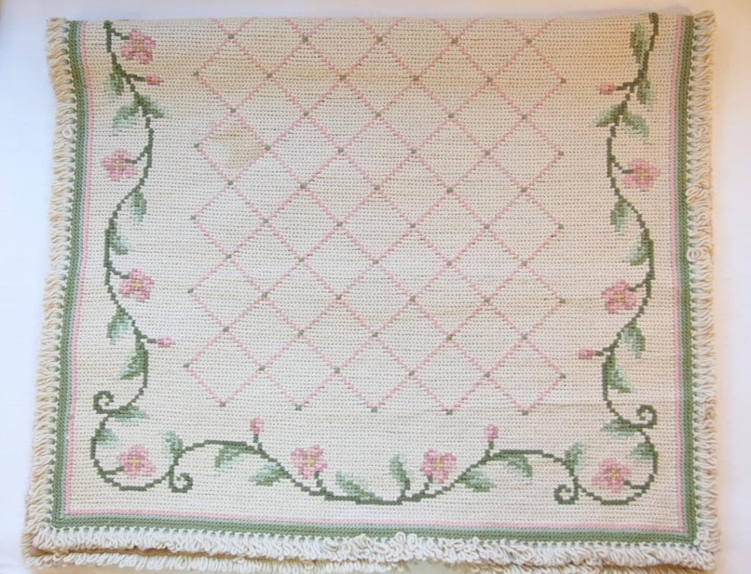 希少★アライオロス絨毯ポルトガル伝統工芸品認証Arraiolos花白ピンクウール