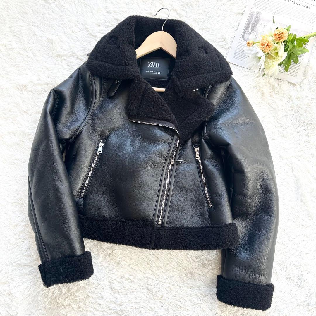 美品　ZARA ムートンジャケット B-3 ライダース レザージャケット 短丈