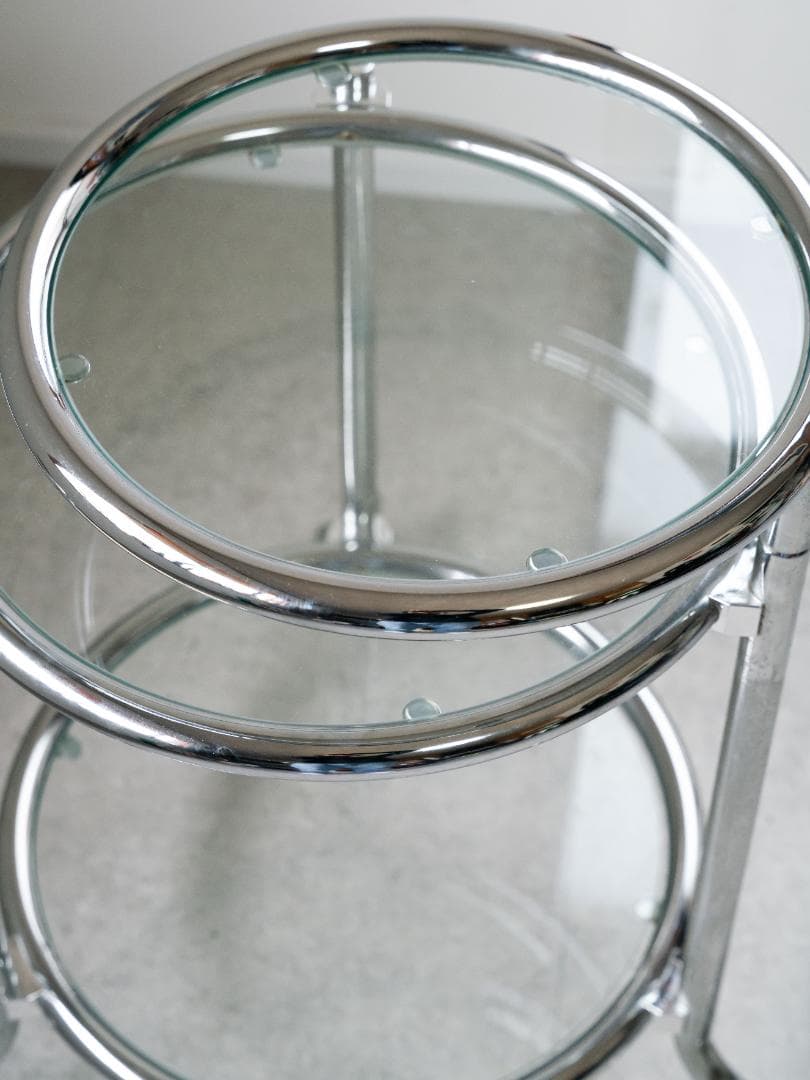 ヴィンテージ　3段 ガラスラウンドテーブル　ワゴン　ミッドセンチュリー　モダン