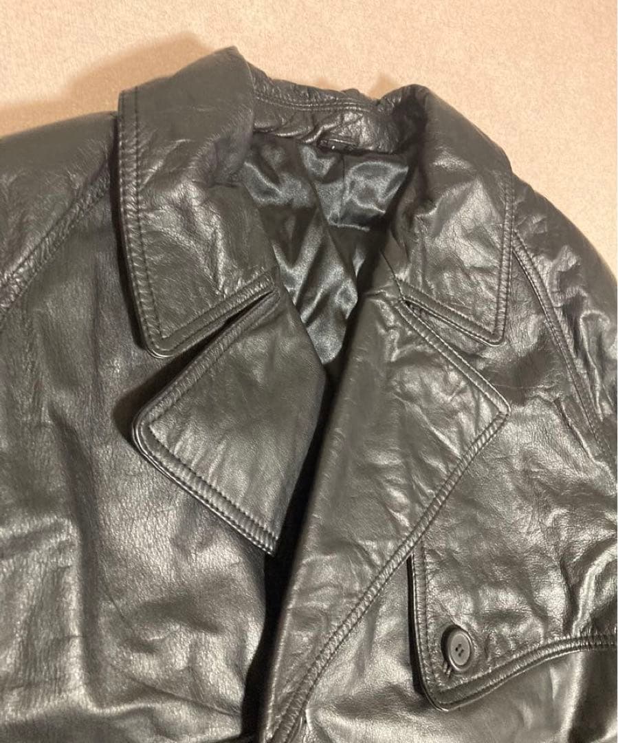 美品 y2k archive カウレザー トレンチコート 牛革 ベルト 光沢 黒