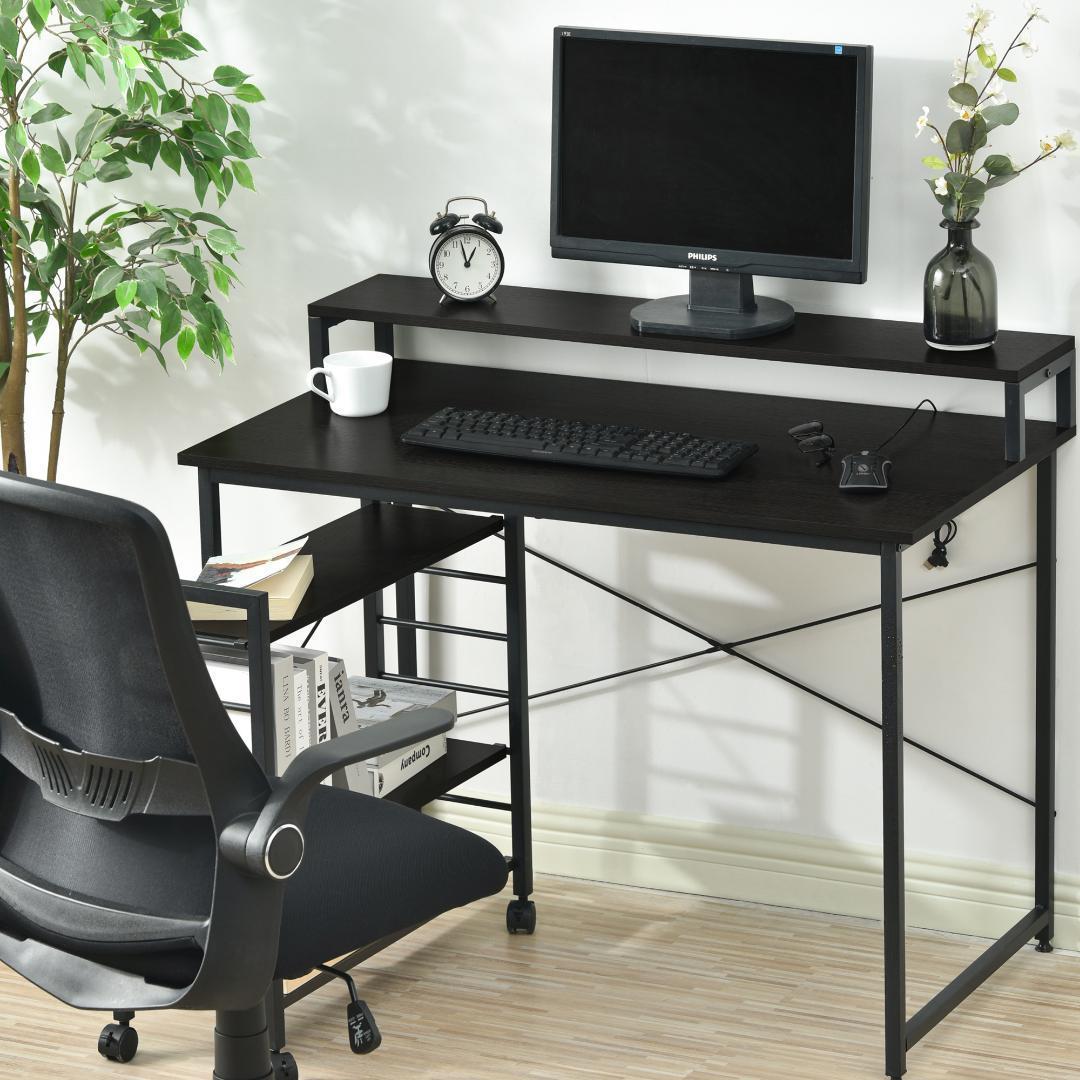 【ブラック】パソコンデスク キャスター付きで移動可能ラック付き デスクワークデス