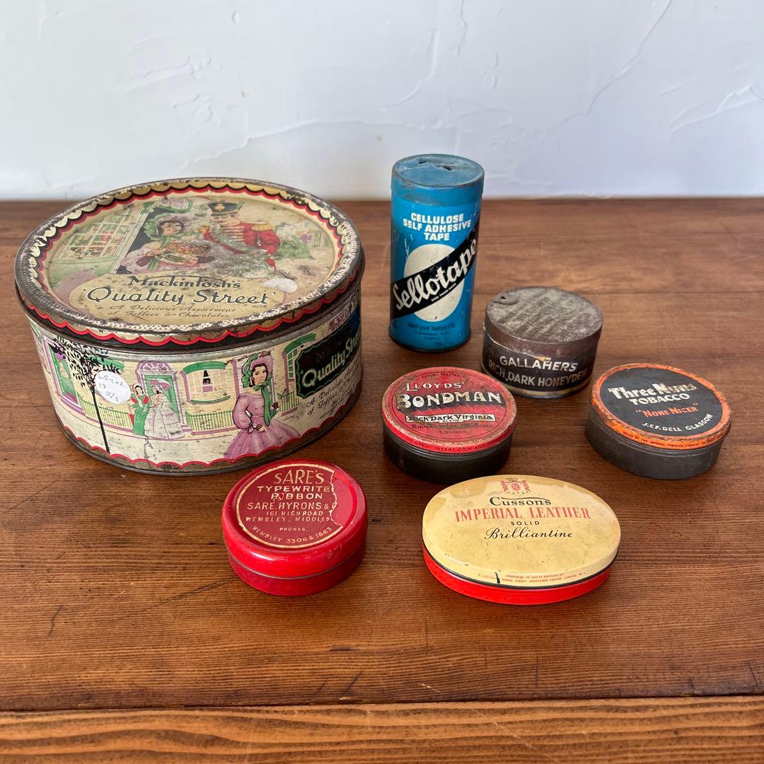 英国アンティークQality Street他　丸型ティン缶7点セット