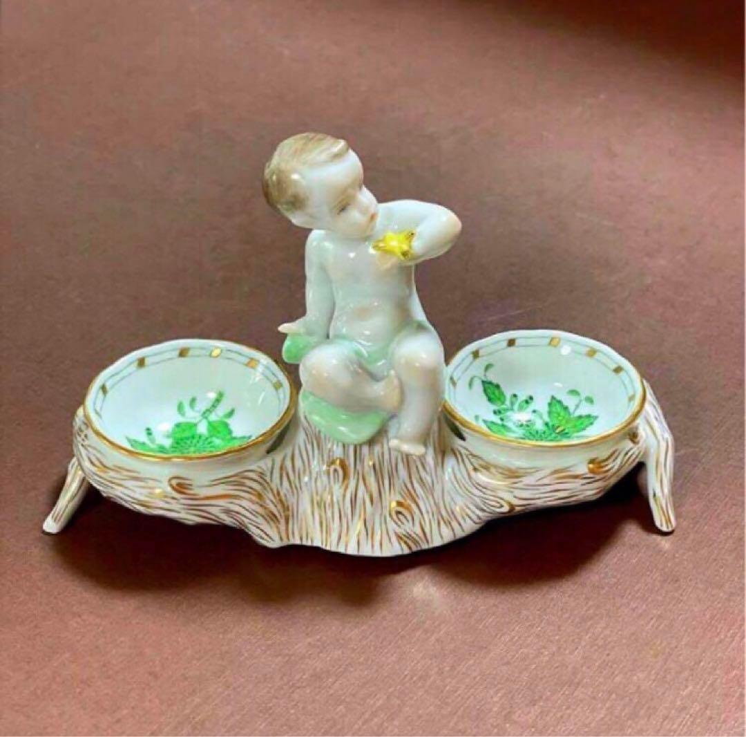 HEREND ヘレンドアポニーグリーンエンジェルセラーソルト＆ペッパー天使皿レア