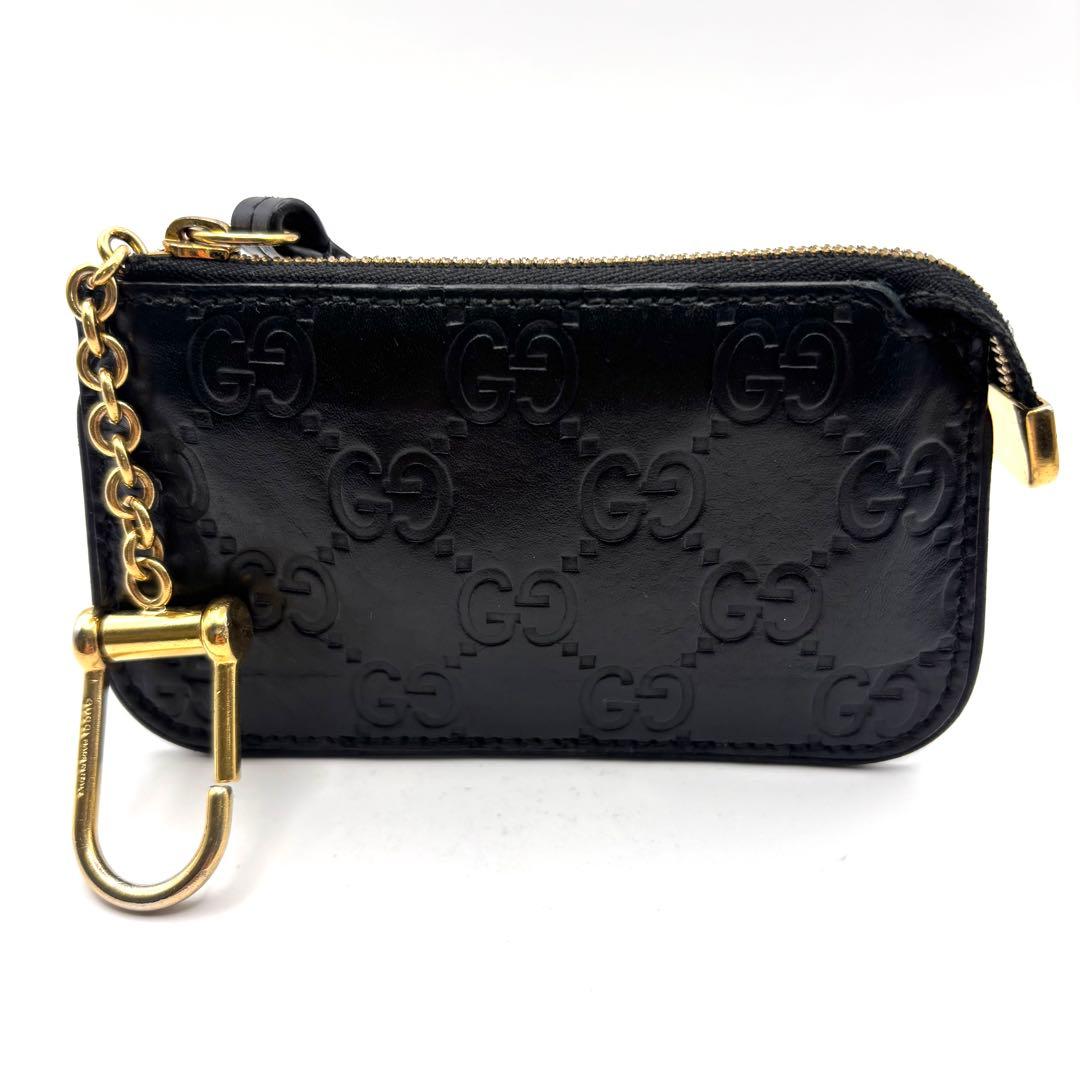 グッチ ケース シマ レザー キーチェーン フック ブラック 小物入れ