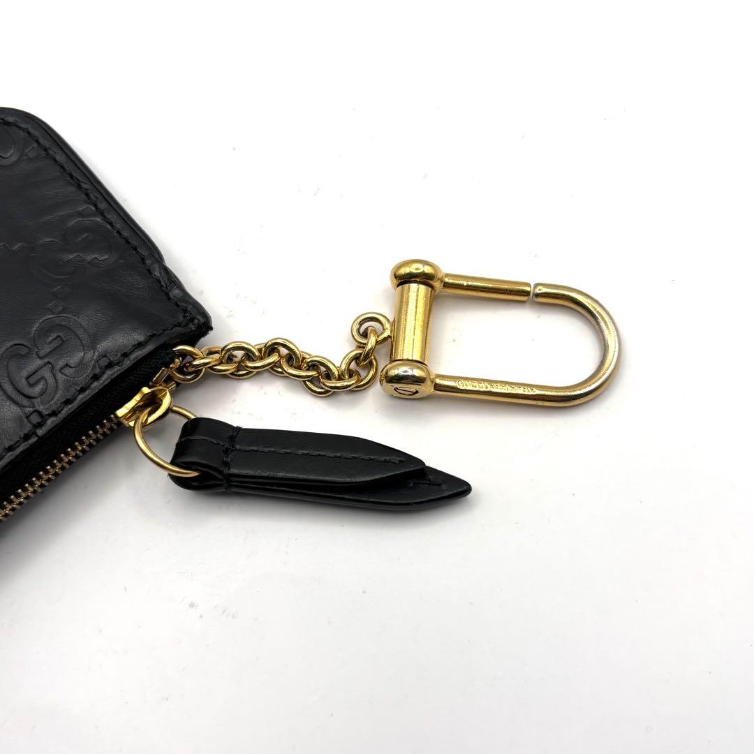 グッチ ケース シマ レザー キーチェーン フック ブラック 小物入れ