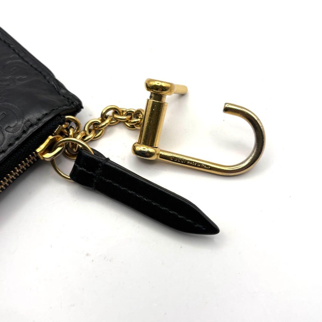グッチ ケース シマ レザー キーチェーン フック ブラック 小物入れ