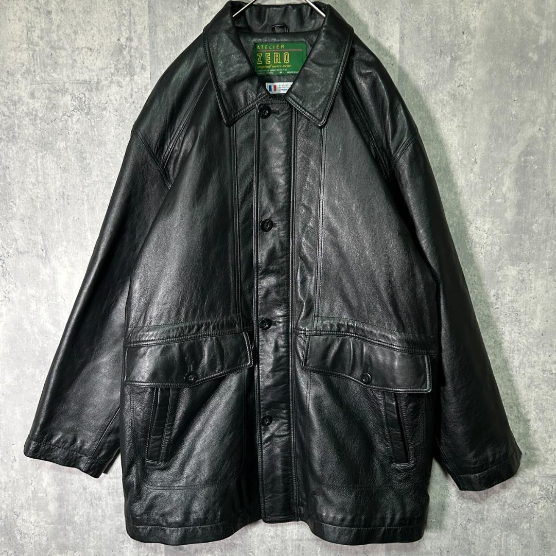 美品 フランス産 羊革 レザー カーコート ジャケット 黒 本革 肩パッドなし