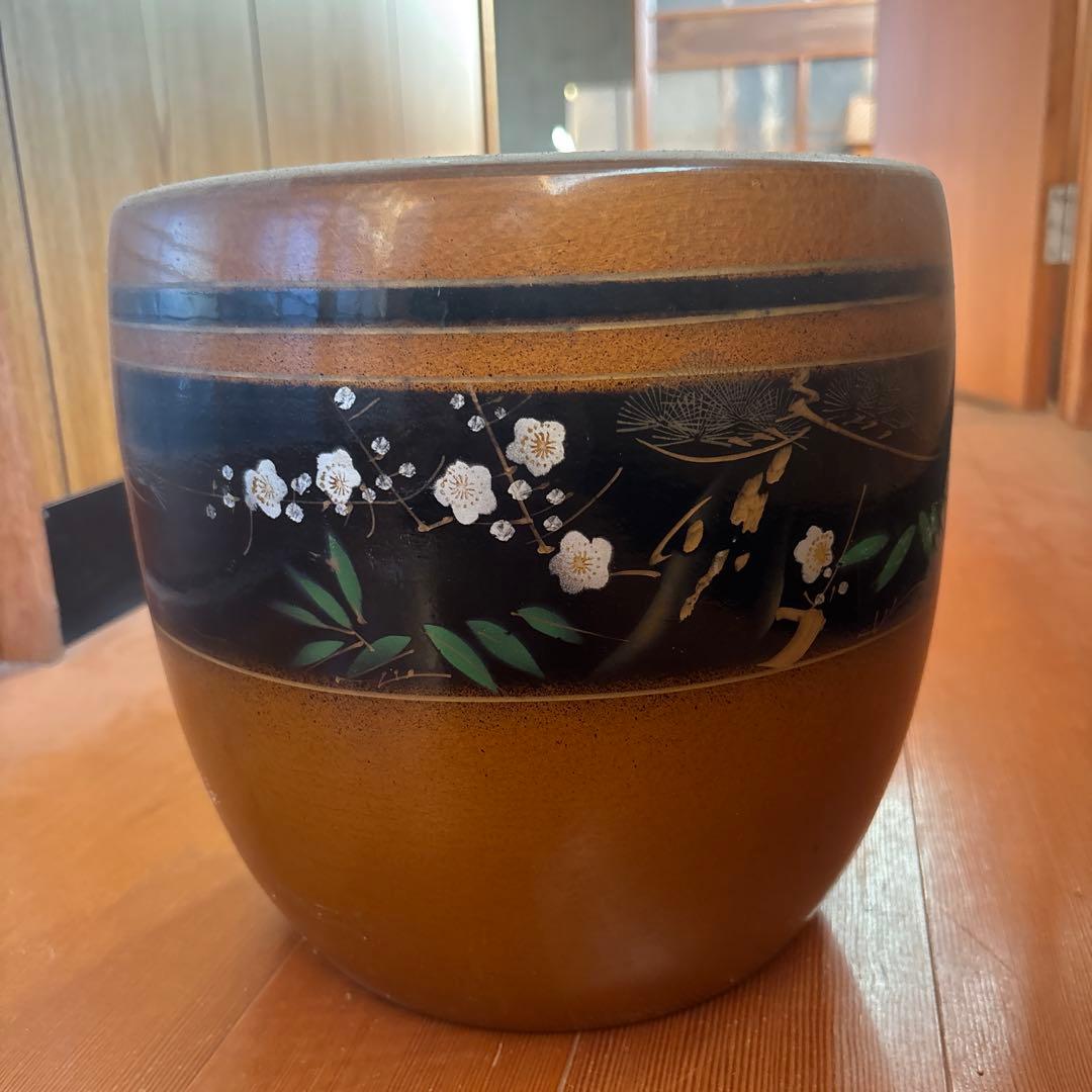 火鉢 ２個セット 松竹梅文様 陶器製 茶褐色 金彩手描き 古民具 金魚鉢 睡蓮鉢