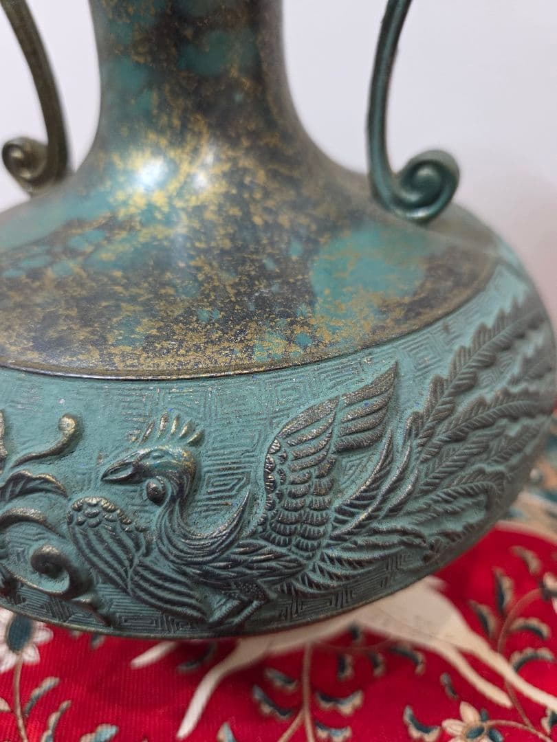 落款 高岡銅器 青銅 鳳凰 龍 花瓶