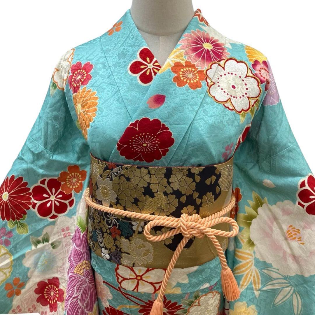 ≪早い者勝ち≫【美品】 振袖セット 成人式 正絹 古典柄 水色 3S*150 ●