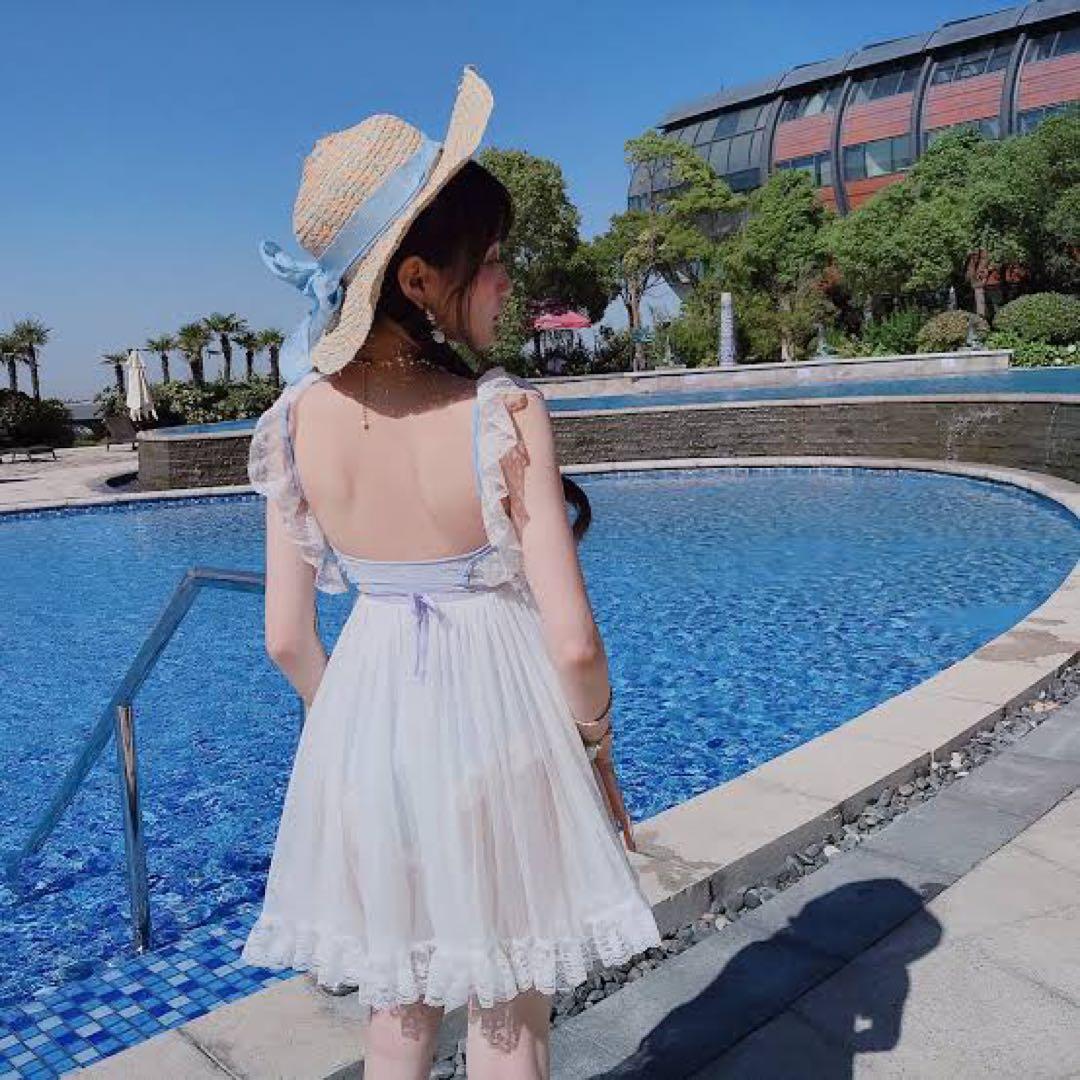 フリル付ブルー/ホワイトワンピース水着/チュール刺繍レースビキニ/Bobon21