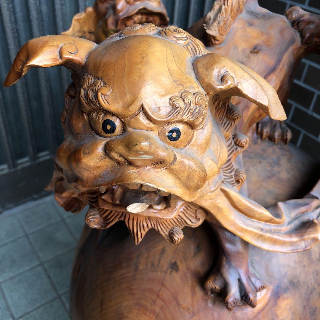 骨董品 玉杢 特大 獅子 木彫り 時代品