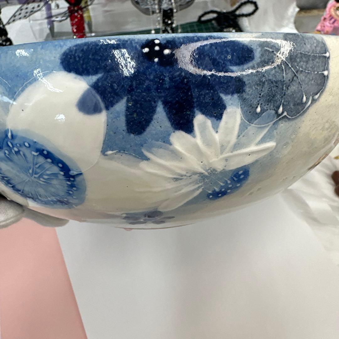 【未使用】工房ゆずりは　藍彩白絵花　預け鉢　瀬戸焼 箱なし