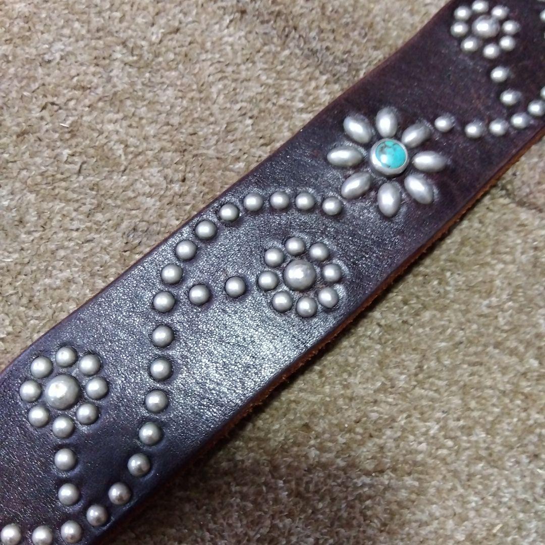 32inch HTC ターコイズ フラワー レザー スタッズベルト ブラウン