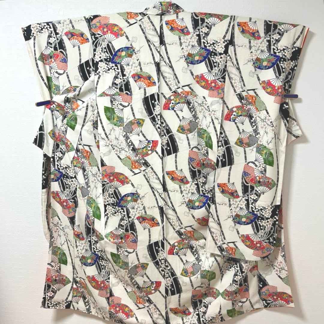 462 振袖フルセット 正絹 白 オフホワイト 小紋 扇面 梅 レトロ カラフル