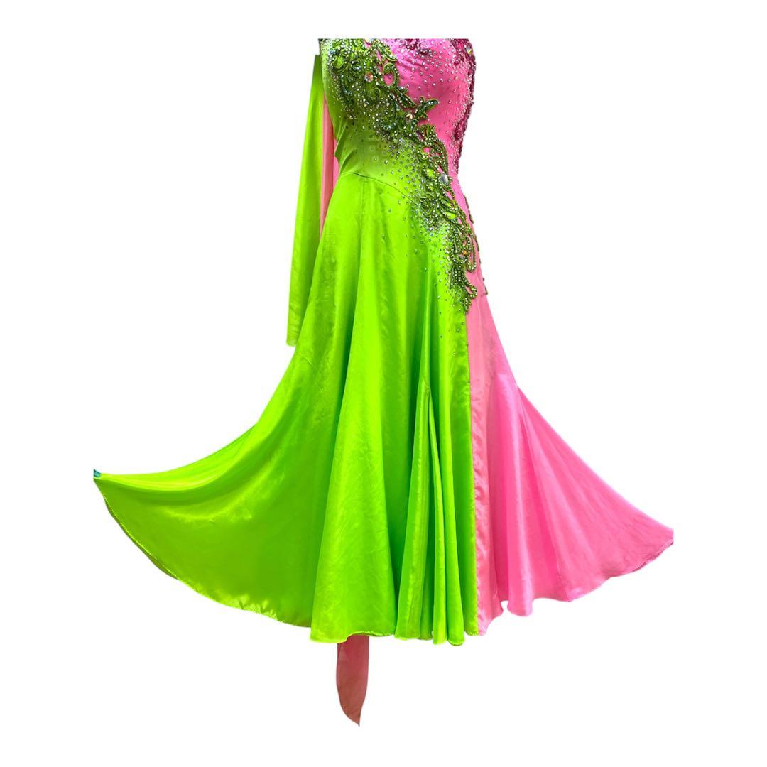 6329★S ネオングリーン ピンク スワロ スタンダードドレス 社交ダンス