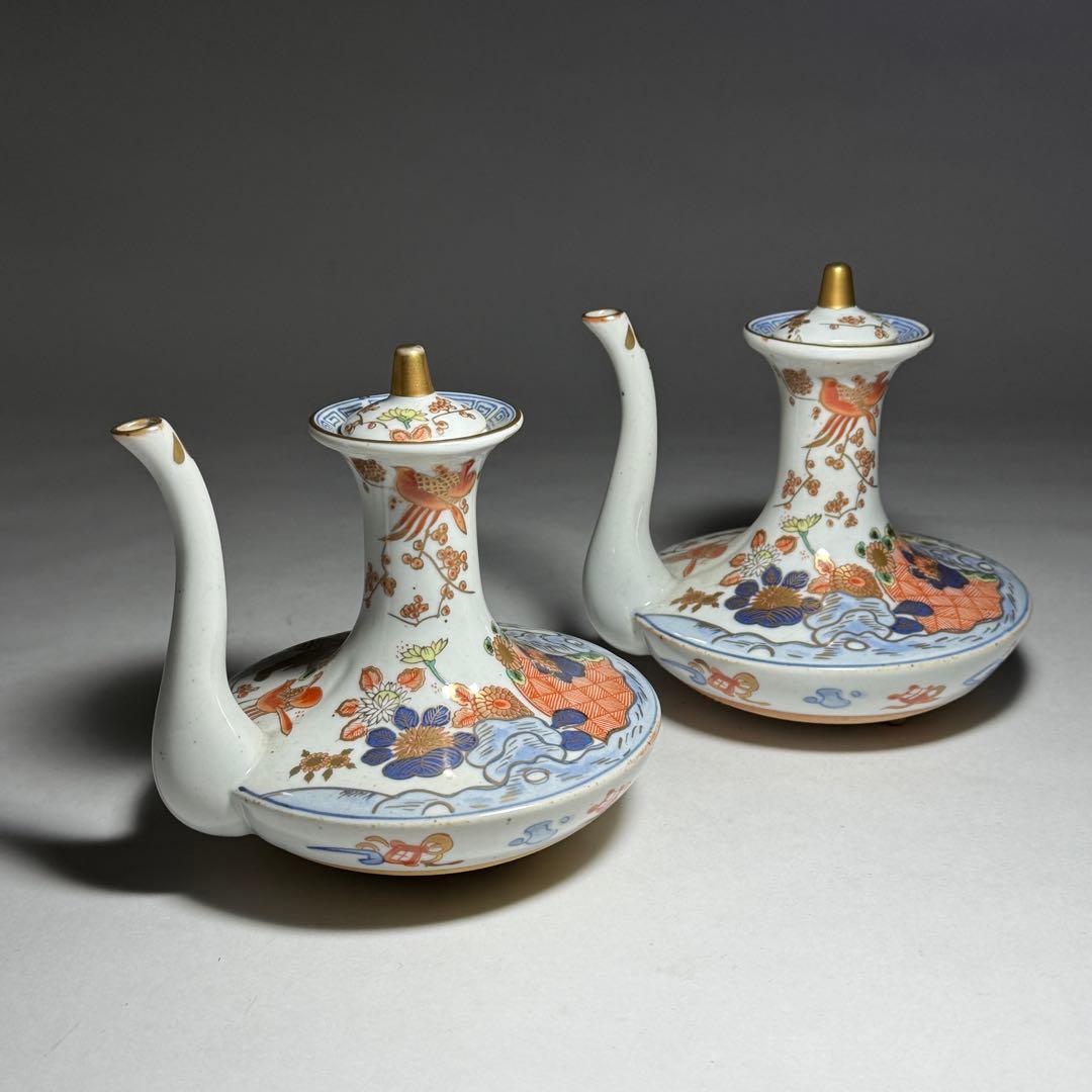 ◆伊万里 染錦金彩花鳥文銚子一対 酒器 上手品 明治時代◆