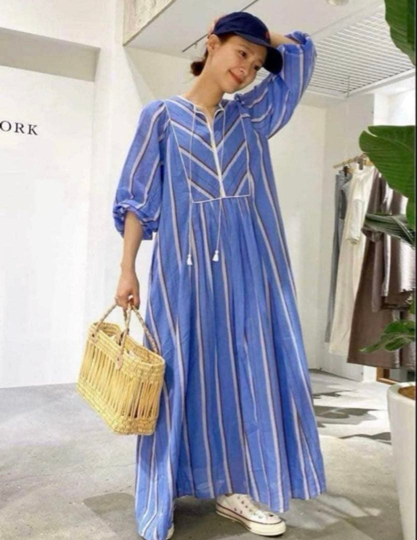 ヌキテパ　ワンピース　コットンボイル　ストライプ 青　M