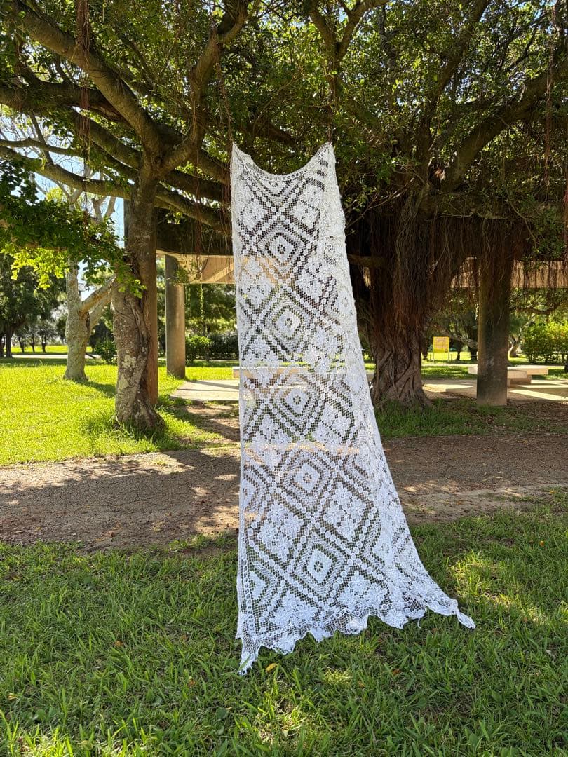 アンティーク　ヴィンテージ　テーブルクロス　カーテン　リネン　クロシェ編み鍵あみ