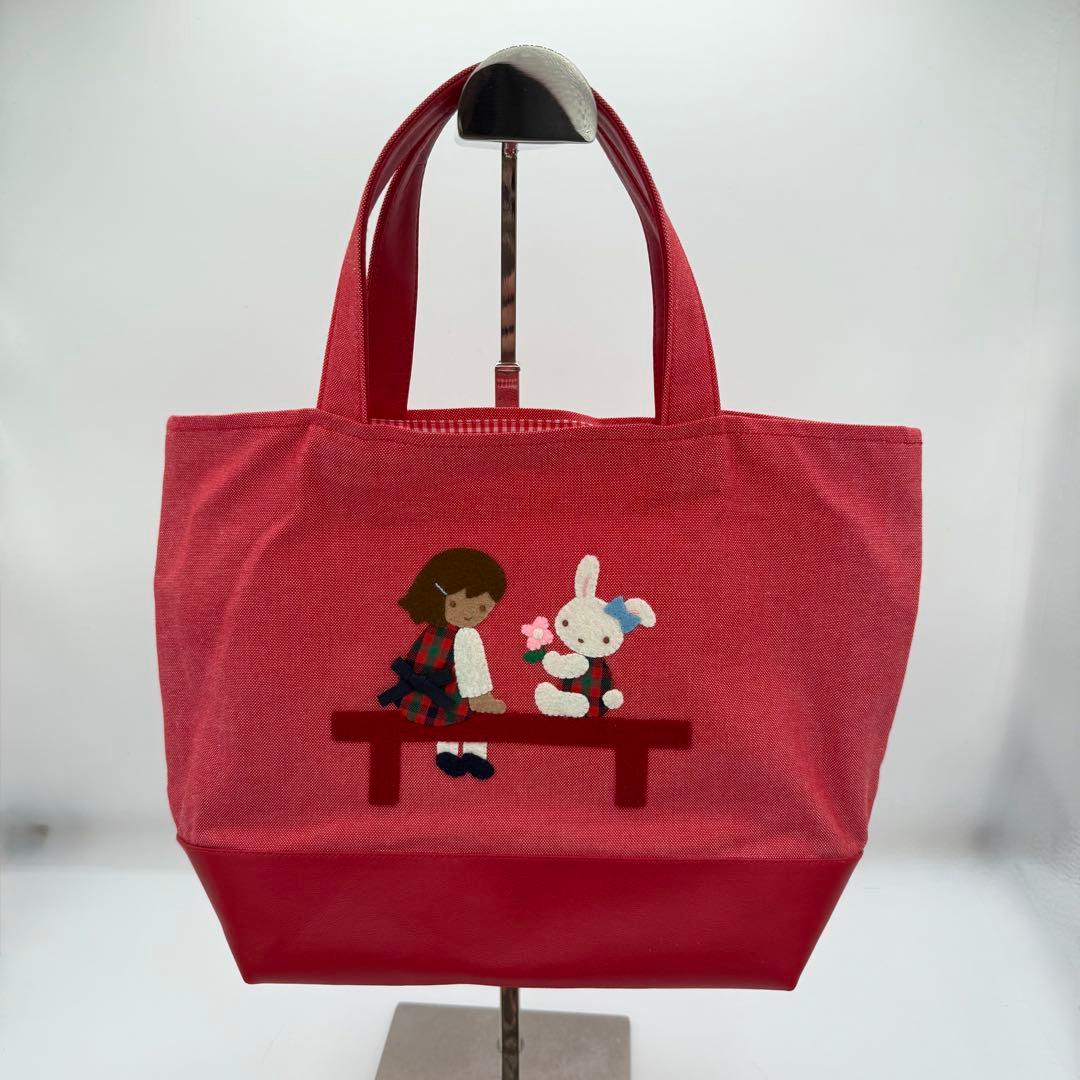 ファミリア　デニムバッグ　赤　手刺繍　女の子　うさぎ　ミニ　マチ付き