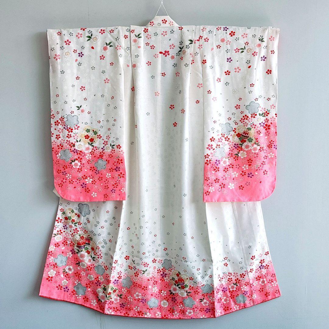 美品　七五三　7歳女の子　着物単品　絹100％　桜　金糸　7072