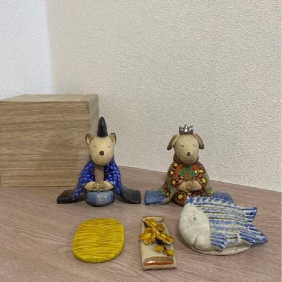 一点物　希少　益子焼　陶器雛人形 犬の嫁入り　陶器製 雛道具付