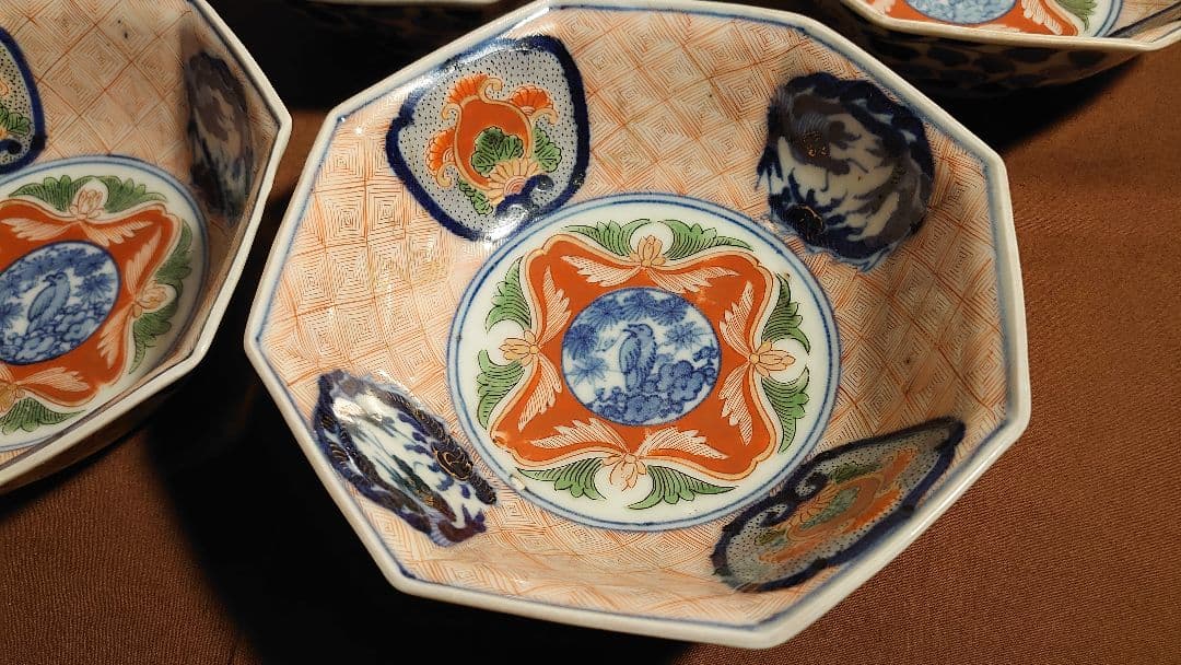 大聖寺伊万里　古伊万里　伊万里　色絵　金襴手　八角鉢　江戸期　蔵出し　５客