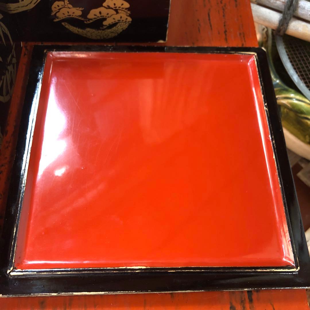 伝統的な木製黒塗 金松竹梅柄 二段重箱 漆器 伝統工芸 昭和初期 朱塗