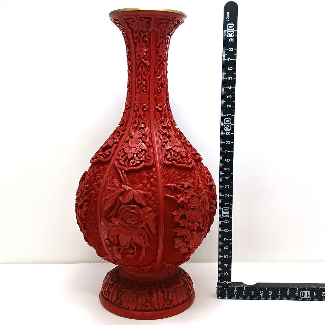 Y2551 中国 堆朱 6面花図 花瓶 高さ31.5㎝