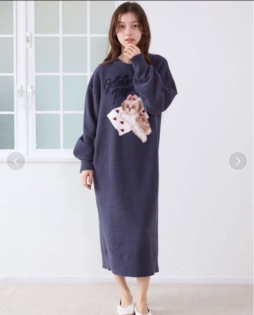 新品タグ付 シーズー柄 ジャガードワンピース NVY F ルームウェア