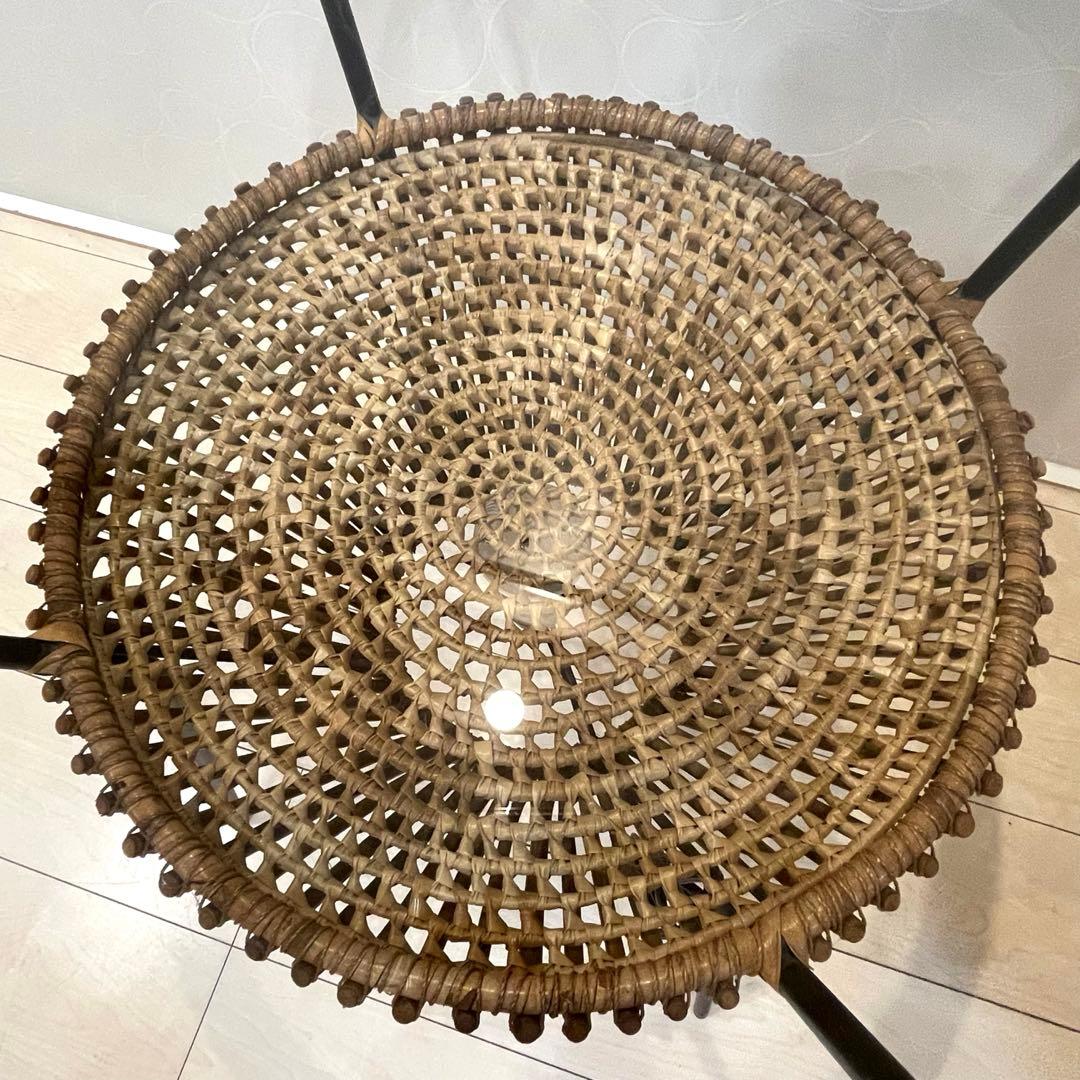 【美品】ラタン ガラス天板 サイドテーブル 照明付き 間接照明 籐家具 アジアン