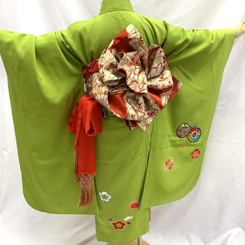 510ag14■七五三 七歳 女児 着物&丸帯&長襦袢 刺繍 鼓 梅■状態良好