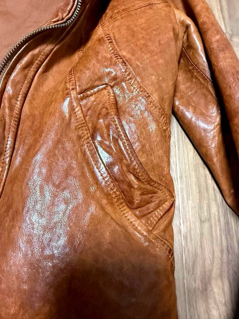 goaゴアビンテージ加工ラムレザージャケット ラクーンファー付きフード　キャメル