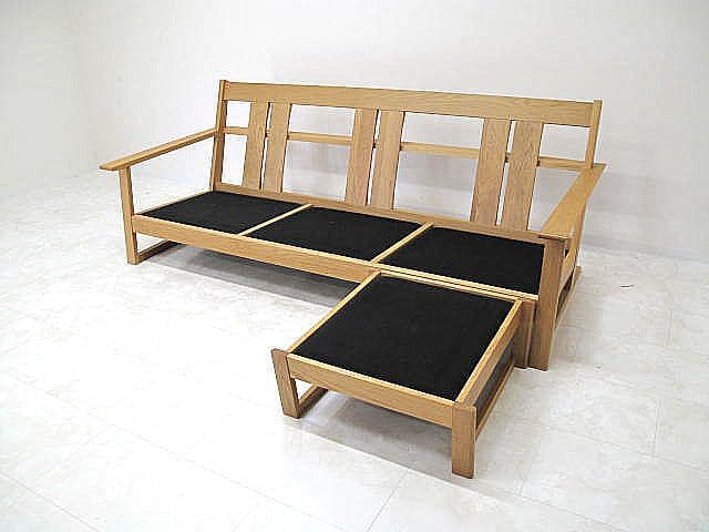 オーク材フレーム カウチソファ 　3人掛けソファ　ヘッドレスト脱着可