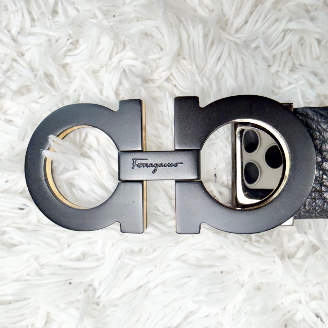 【美品】フェラガモ ベルト ダブルガンチーニ シボ革 ブラック
