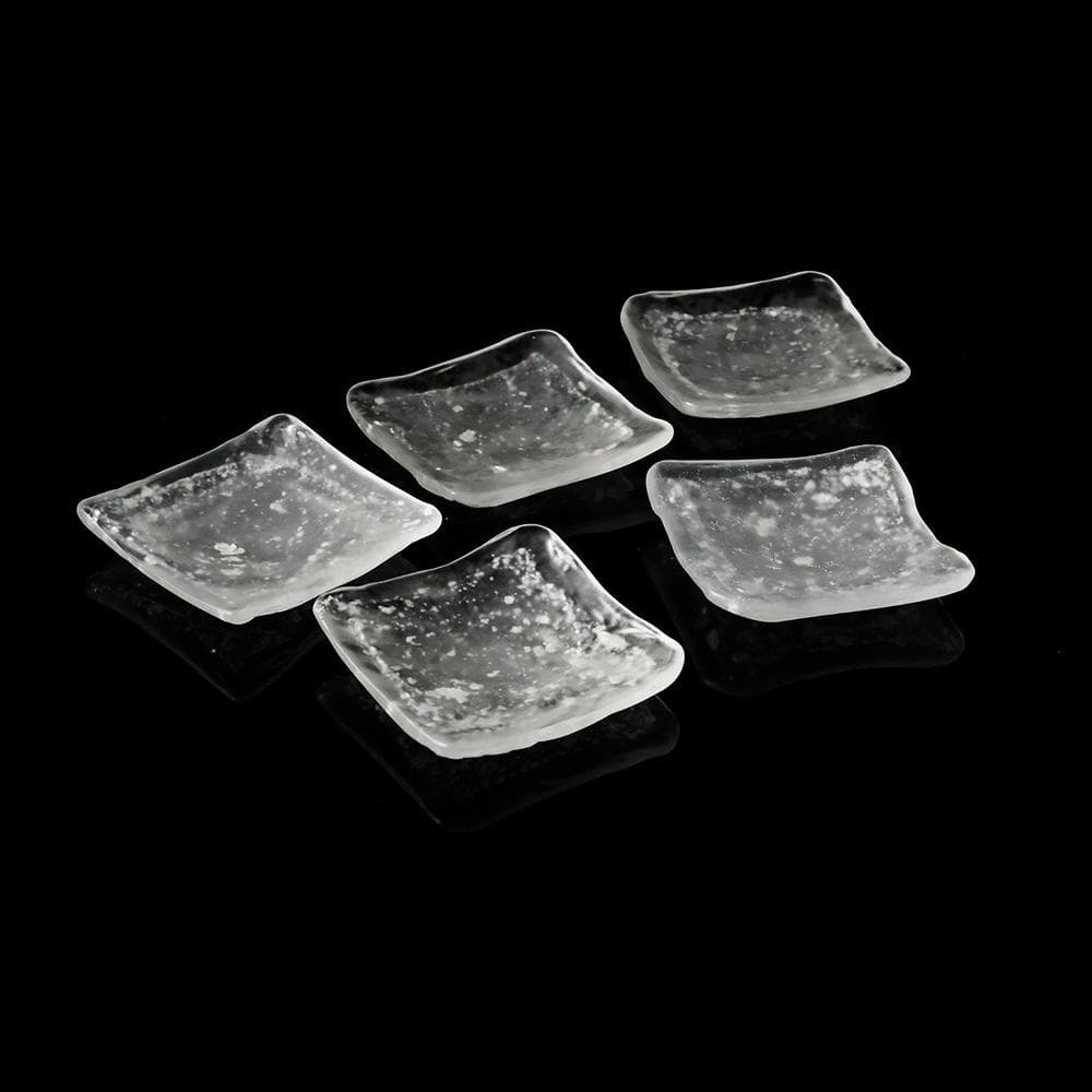 T 人間国宝　藤田喬平作　創作　手吹きガラス　四方皿　銀粉　伝統工芸　五客