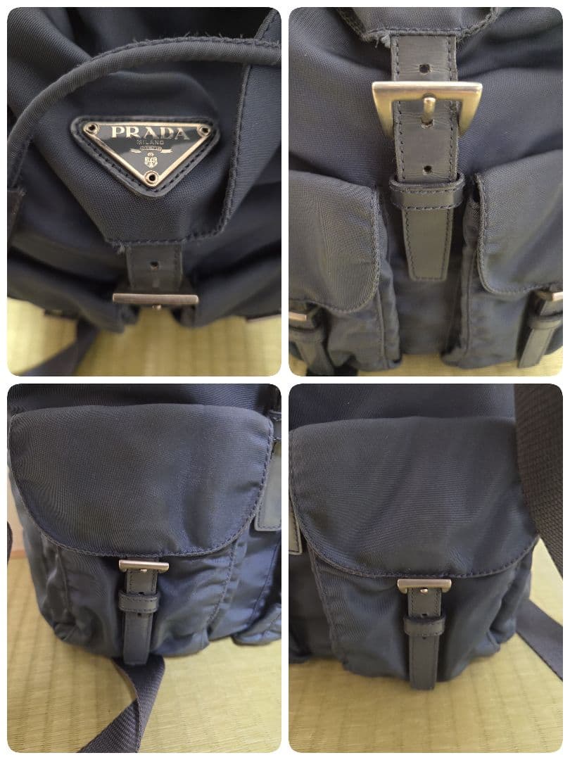 【美品】プラダ PRADA ミニリュック ナイロン レザー 三角ロゴ 紺色