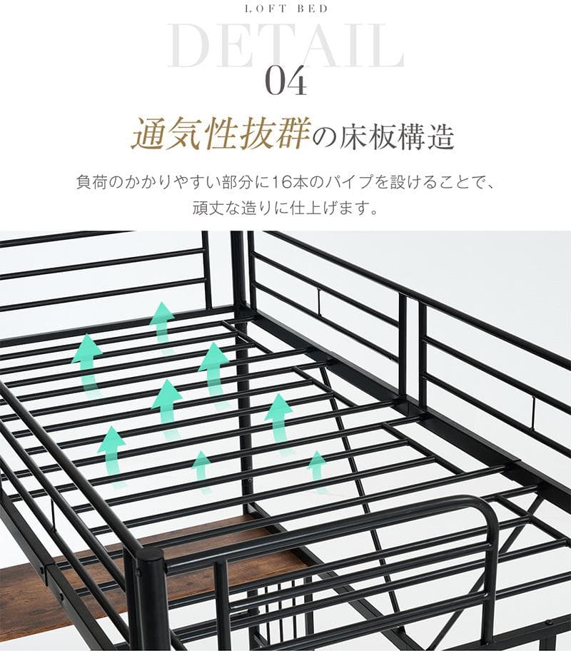 ロフトベッド パイプベッド シングル 木 収納 北欧風 Black