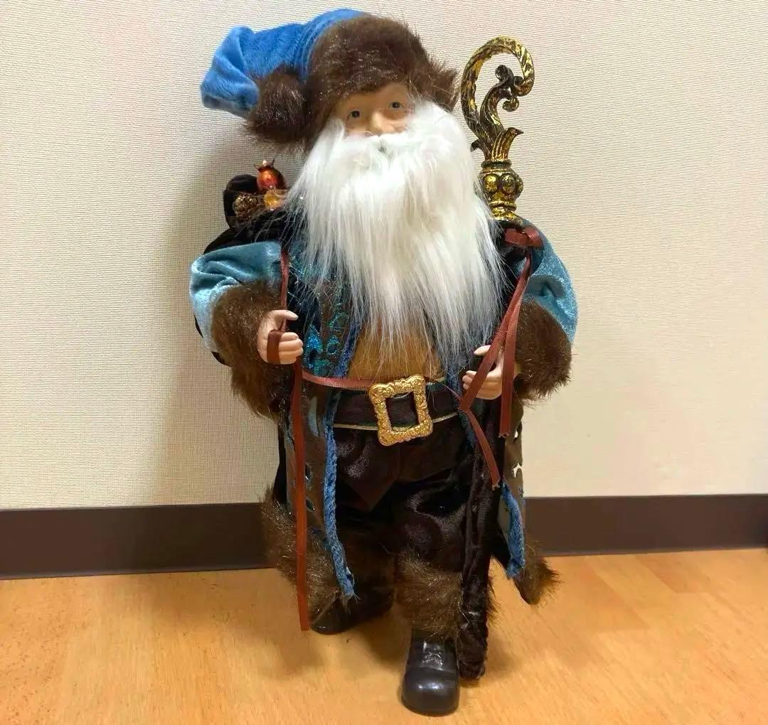 青いベルベット サンタクロース人形　クリスマス　置物　装飾　飾り