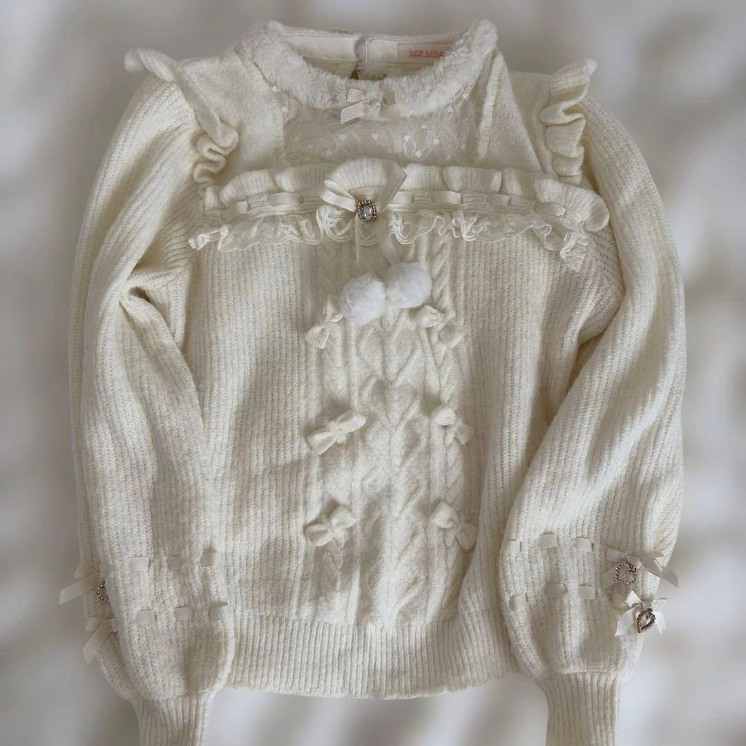 LIZLISA モヘアタッチポンポンニット ホワイト