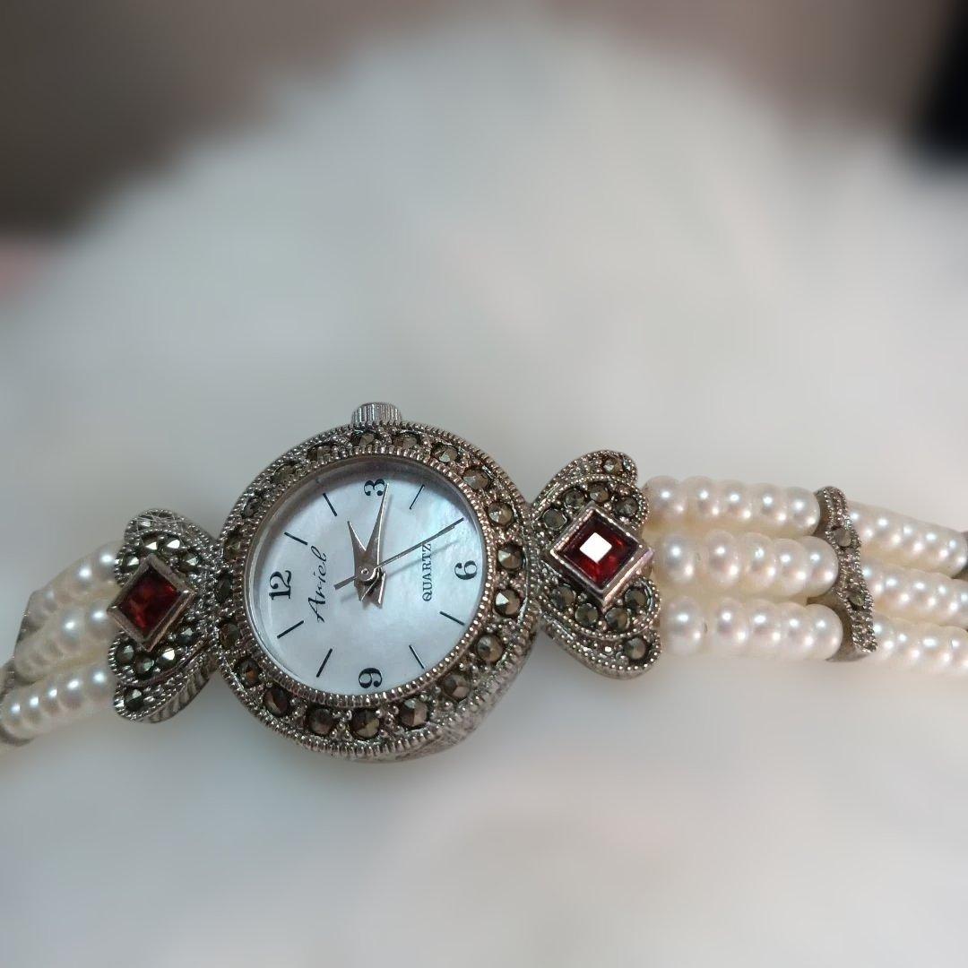 美品❣️ヴィンテージArieIマーカサイト＆ パール装飾 クォーツ腕時計