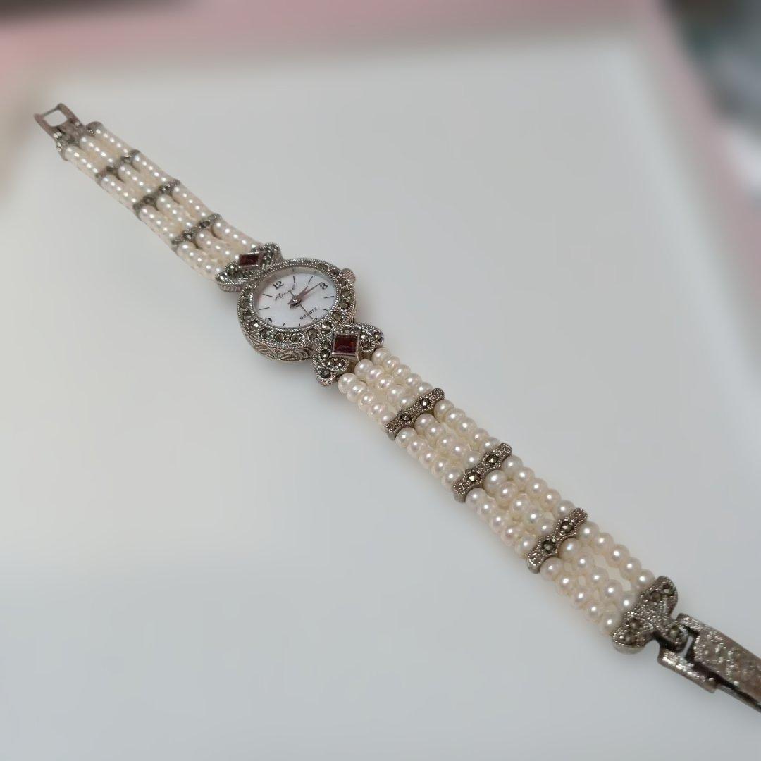 美品❣️ヴィンテージArieIマーカサイト＆ パール装飾 クォーツ腕時計