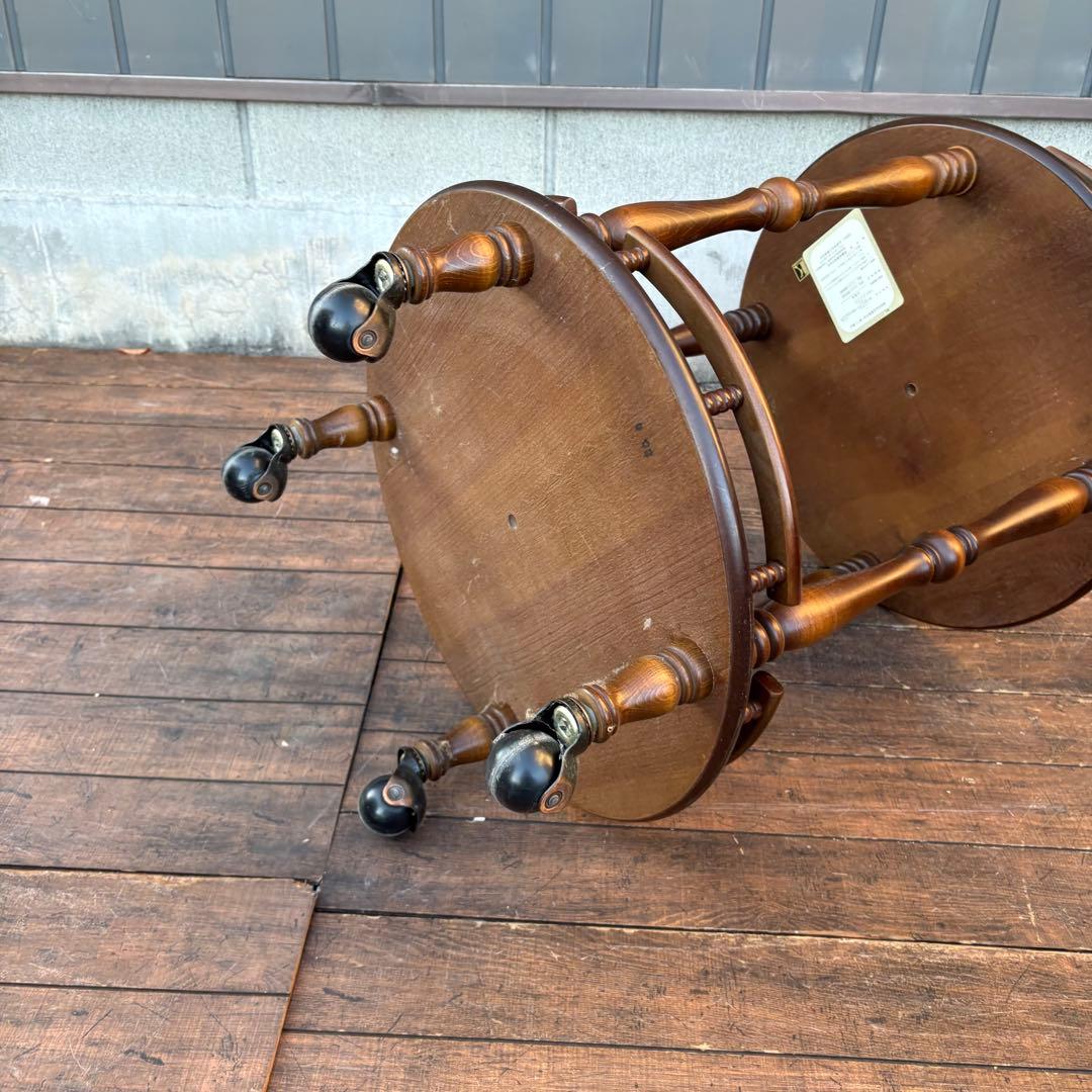 昭和レトロ 飛騨産業 キツツキマーク 木製ワゴン 2段 円形 サービングワゴン