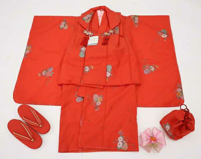 洗える着物可愛い着物フルセット☆3歳女の子用【被布コートセット】小物付き 化繊