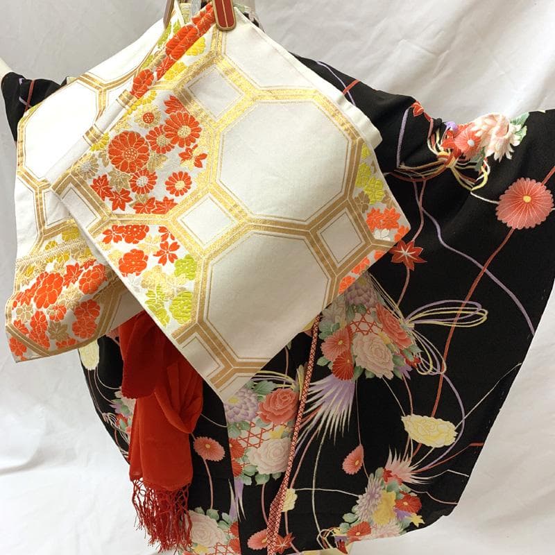 503ag70□七五三 七歳 女児 着物&袋帯&長襦袢 花くす玉 黒□未使用品