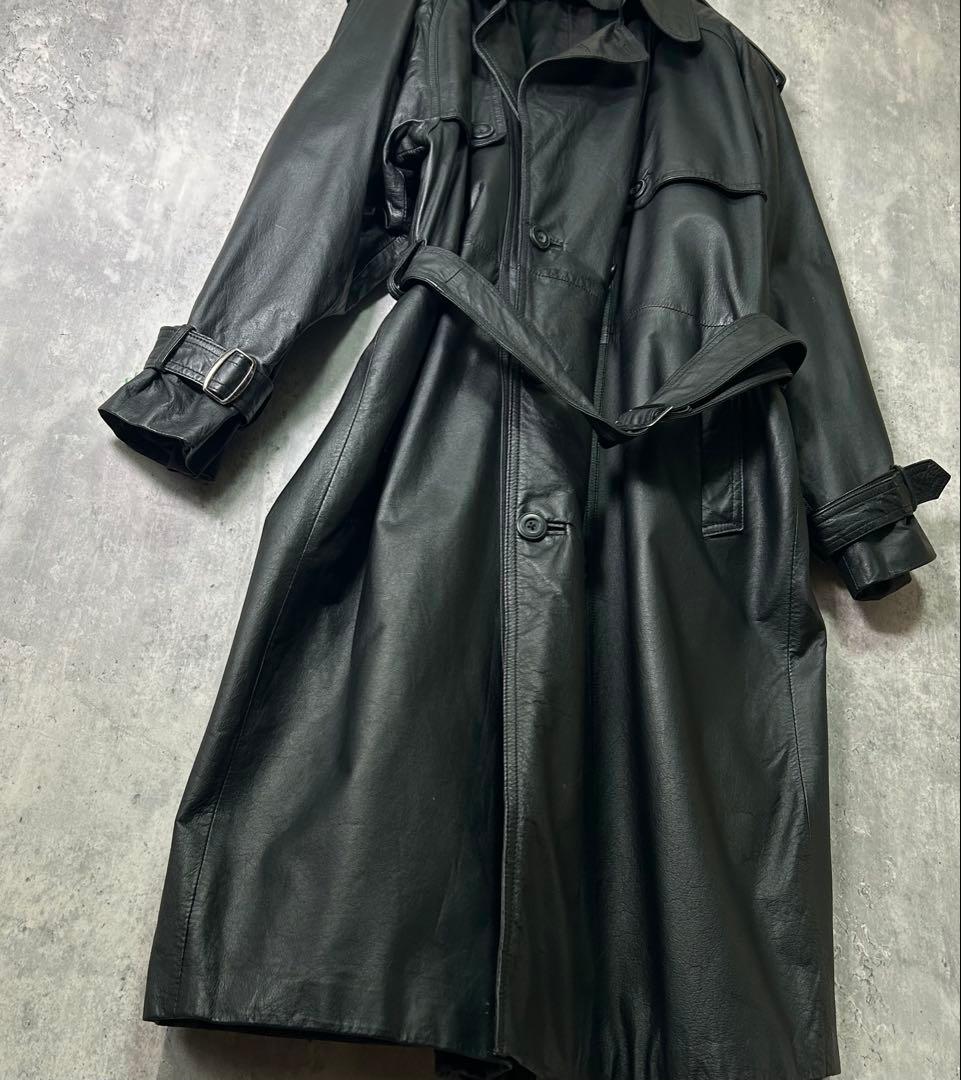 極上 レザー トレンチコート ベルト ロング 黒